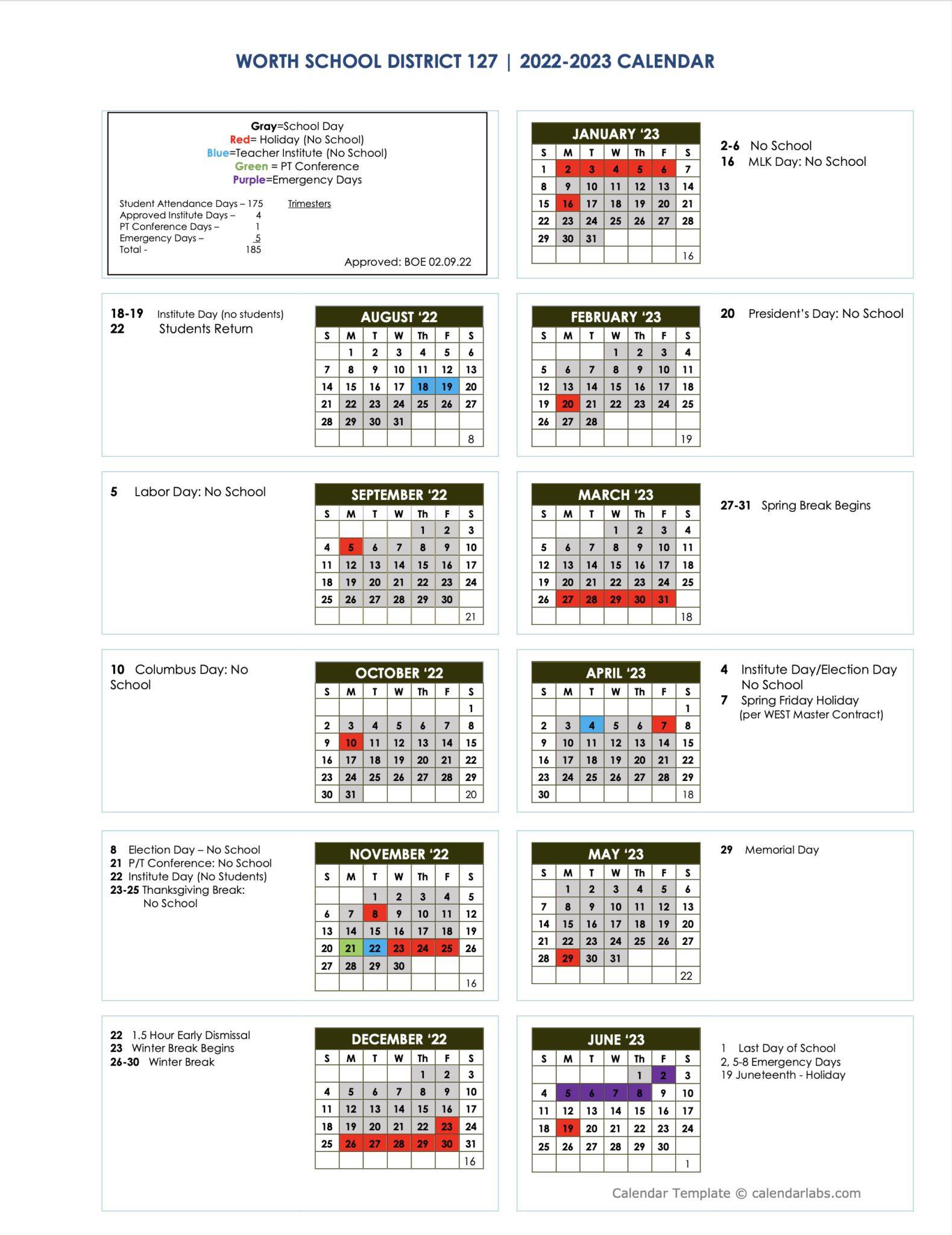 School Calendar to Worth School District 127